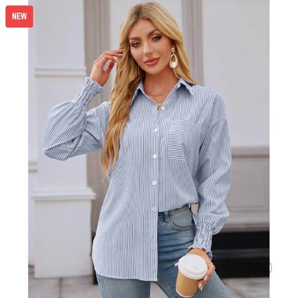 Oversized Button Down Shirt Smocked Cuff Long Sleeve Blouse Pocket - Picture 3 of 8
